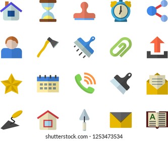 Color flat icon set trowel flat vector, putty knife, ax, house, phone call, share, upload, clip, hourglass, calendar, stamp, message, envelope, user, alarm clock, favorites, book
