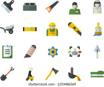 Color flat icon set trowel flat vector, saw, level meter, putty knife, brick, stationery, ax, shovel, paint brush, garden wheelbarrow, construction worker, metallurgy, cogwheel, telephone operator