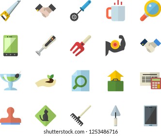 Color flat icon set trowel flat vector, saw, calculator, kitchen spoon, blender, tea, pitchfork, seedlings, rake, magnifier, agreement, muscles, hand luggage fector, cocktail, pets allowed, stamp