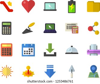 Color flat icon set trowel flat vector, calculator, sun, battery, laser, heart, calendar, computer file, printer, laptop, escalator fector, jingle, share, download, location