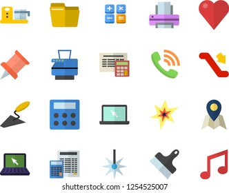 Color flat icon set trowel flat vector, calculator, putty knife, food processor, laser, phone call, heart, computer file, printer, copy machine, laptop, spark, pushpin, escalator fector, location