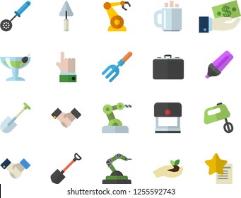 Color flat icon set trowel flat vector, kitchen spoon, mixer, pitchfork, shovel, seedlings, robotics, case, marker, investments, coffee, agreement, industrial robot, cocktail fector, stamp, indicate