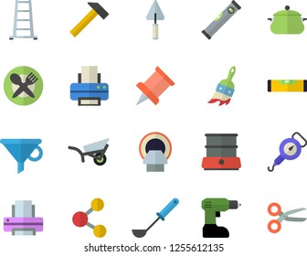 Color flat icon set trowel flat vector, drill screwdriver, level meter, hammer, saucepan, spring balance, ladle, double boiler, paint brush, ladder, garden wheelbarrow, funnel, tomograph, printer