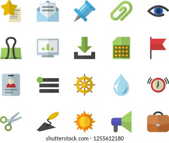 Color flat icon set trowel flat vector, sun, SIM card, computer chart, scissors, menu, download, clip, badge, binder, drawing pin, steering wheel, mouthpiece, message, alarm clock, favorites, eye