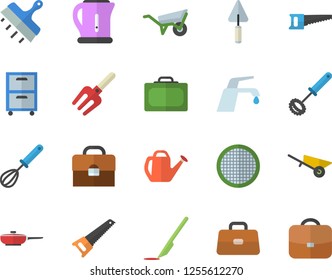 Color flat icon set trowel flat vector, wheelbarrow, saw, putty knife, faucet, frying pan, electric kettle, whisk, sieve, pitchfork, watering can, briefcase, scalpel, archive, suitcase fector