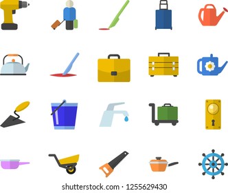 Color flat icon set trowel flat vector, drill screwdriver, saw, tool bag, door lock, faucet, saute, teapot, watering can, bucketful, garden wheelbarrow, case, scalpel, luggage fector, trolley