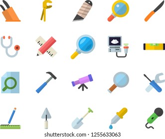 Color flat icon set trowel flat vector, tool, level meter, measure, stationery knife, hammer, knives, shovel, magnifier, pipette, stethoscope, ultrasound, telescope, microphone