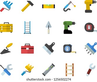 Color flat icon set trowel flat vector, tool, drill screwdriver, tape measure, bag, ladder, paint roller, level meter, putty knife, hammer, welding, wrench