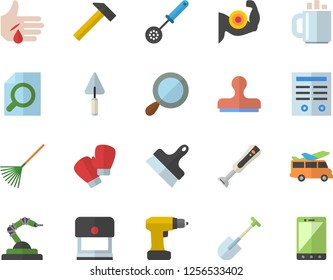 Color flat icon set trowel flat vector, drill screwdriver, putty knife, hammer, kitchen spoon, blender, shovel, rake, robotics, injury, coffee, magnifier, contract, muscles, boxing gloves, stamp