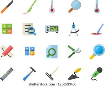 Color flat icon set trowel flat vector, level meter, measure, hammer, knives, temperature, thermometer, secateurs, rake, dividers, magnifier, calculator, scalpel, oscilloscope, microphone