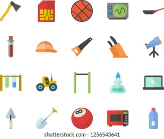 Color flat icon set trowel flat vector, saw, hard hat, ax, frying pan, knives, microwave, tractor, shovel, SIM card, blood test, laptop, gas burner, oscilloscope, beakers, telescope, bowling ball