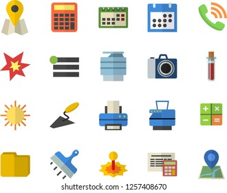 Color flat icon set trowel flat vector, calculator, putty knife, sun, laser, location, phone call, blood test, calendar, computer file, printer, copy machine, spark, camera fector, menu