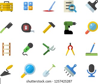Color flat icon set trowel flat vector, drill screwdriver, tape measure, tool bag, putty knife, hammer, knives, shovel, secateurs, ladder, dividers, magnifier, calculator, scalpel, microphone