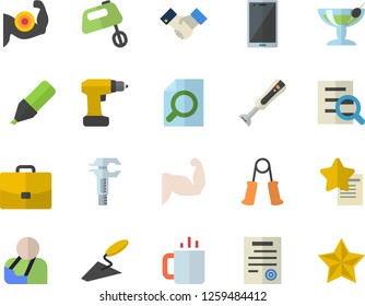Color flat icon set trowel flat vector, drill screwdriver, mixer, blender, tea, trammel, case, marker, injury, magnifier, agreement, contract, muscles, carpal expander, cocktail fector, mobile