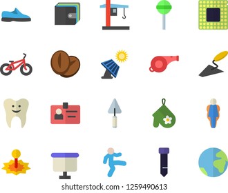 Color flat icon set trowel flat vector, potholder, lollipop, coffee beans, solar battery, crane, laser, purse, flipchart, tooth, badge, tie, cpu, whistle, sneakers, bicycle, gymnastics, size