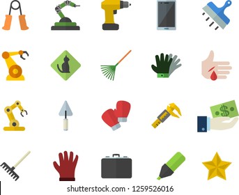 Color flat icon set trowel flat vector, drill screwdriver, putty knife, rake, gloves, trammel, robotics, case, marker, investments, injury, industrial robot, carpal expander, boxing, mobile
