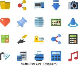 Color flat icon set trowel flat vector, shower, calculator, microwave, food processor, drop, heart, calendar, computer file, copy machine, pushpin, camera fector, share, download, note