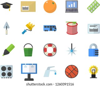 Color flat icon set trowel flat vector, paint roller, faucet, electric stove, orange, bucketful, laser, billboard, marker, barcode, pill packaging, computer, bachelor cap, basketball, steroids, lock