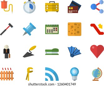 Color flat icon set trowel flat vector, tool, bag, ax, cheese, lamp, radiator, medical warmer, heart, calendar, businessman, stapler, escalator fector, credit card, flippers, share, broadcast, globe