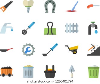 Color flat icon set trowel flat vector, saw, repair, faucet, frying pan, ladle, kitchen spoon, horseshoe, knife, garden wheelbarrow, water tap, mining, radiator, metallurgy, scalpel, implant