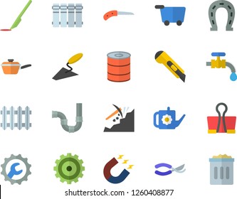 Color flat icon set trowel flat vector, pipes, repair, stationery knife, heating batteries, saute, canned food, horseshoe, secateurs, watering can, water tap, magnet, mining, radiator, cogwheel