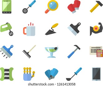 Color flat icon set trowel flat vector, calculator, putty knife, hammer, ladle, kitchen spoon, mixer, tea, rake, robot hand, muscles, carpal expander, boxing gloves, cocktail fector, magnifier