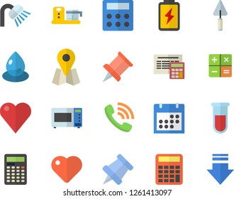Color flat icon set trowel flat vector, shower, calculator, microwave, food processor, battery, drop, location, phone call, blood test, heart, calendar, pushpin, download