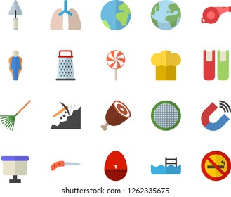 Color flat icon set trowel flat vector, cook hat, kitchen egg timer, sieve, grater, ham, lollipop, knife, rake, magnet, mining, flipchart, lungs, book, whistle, pool, size, earth fector, no smoking