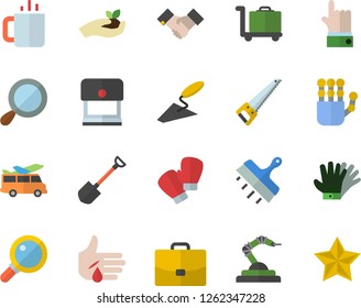 Color flat icon set trowel flat vector, saw, putty knife, tea, shovel, seedlings, gloves, robotics, case, injury, agreement, robot hand, boxing, luggage trolley fector, transfer, stamp, magnifier