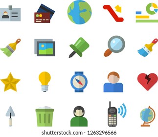 Color flat icon set trowel flat vector, paint brush, lamp, magnifier, earth, phone call, statistics, drawing pin, escalator fector, credit card, compass, gallery, badge, trash can, user, heart