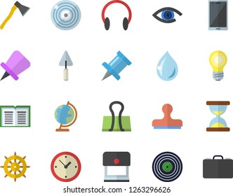 Color flat icon set trowel flat vector, ax, hourglass, stamp, binder clip, drawing pin, steering wheel, mobile, clock, eye, lamp, book, target, headset, drop, globe, case