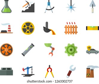 Color flat icon set trowel flat vector, level meter, brick, ventilation, oil pumping, chemistry, factory, cogwheel, radiation, autopilot, laser, dividers, wrench, mining, radiator, metallurgy
