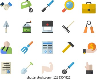 Color flat icon set trowel flat vector, hammer, kitchen spatula, spoon, coffee grinder, mixer, pitchfork, shovel, rake, case, investments, injury, agreement, contract, muscles, carpal expander
