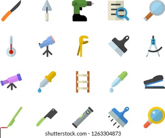 Color flat icon set trowel flat vector, tool, drill screwdriver, level meter, putty knife, knives, temperature, ladder, dividers, pipette, scalpel, magnifier, stapler, telescope