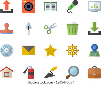 Color flat icon set trowel flat vector, computer chart, house, scissors, download, upload, stamp, steering wheel, fire extinguisher, magnifier, trash can, envelope, microphone, favorites, book
