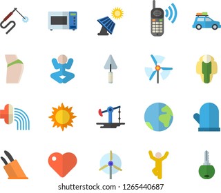 Color flat icon set trowel flat vector, potholder, knives, microwave, hose irrigation, sun, solar battery, oil pumping, welding, phone call, heart, windmill, buttocks, yoga, gymnastics, lose weight