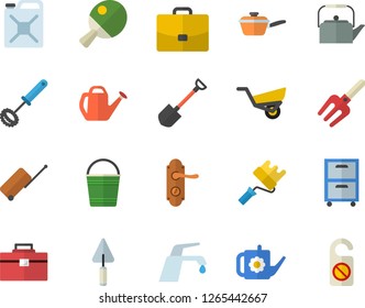 Color flat icon set trowel flat vector, tool bag, paint roller, door lock, faucet, saute, teapot, whisk, pitchfork, shovel, watering can, bucketful, garden wheelbarrow, canister, case, archive