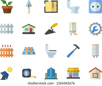 Color flat icon set trowel flat vector, tape measure, toilet, house layout, sockets, repair, flooring, hammer, boiler, home plant, grain warehouse, solar battery, radiator, office building