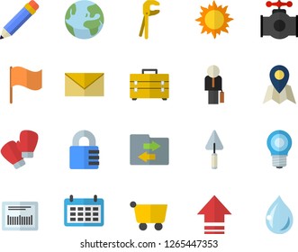Color flat icon set trowel flat vector, tool, bag, sun, main pipeline, lamp, grocery trolley, flag, calendar, barcode, businessman, pencil, boxing gloves, earth fector, location, upload, envelope