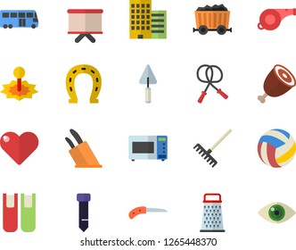 Color flat icon set trowel flat vector, skyscraper, knives, microwave, grater, ham, horseshoe, knife, rake, laser, mining, flipchart, tie, book, whistle, volleyball, skipping rope, bus fector, heart