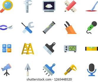 Color flat icon set trowel flat vector, tool, ladder, level meter, measure, putty knife, knives, secateurs, trammel, calculator, ultrasound, scalpel, oscilloscope, telescope, magnifier, microphone