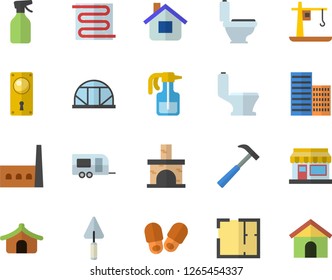Color flat icon set trowel flat vector, toilet, house layout, door lock, skyscraper, warm floor, hammer, pulverizer, grain warehouse, greenhouse, fireplace, manufactory, crane, trailer fector, tent