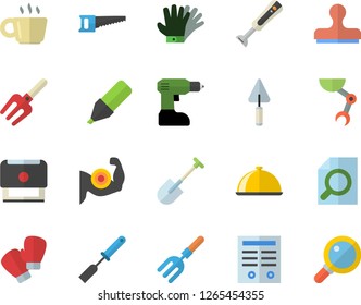 Color flat icon set trowel flat vector, drill screwdriver, kitchen spatula, blender, dish, pitchfork, shovel, saw, gloves, marker, coffee, magnifier, contract, stamp, robot hand, muscles, boxing