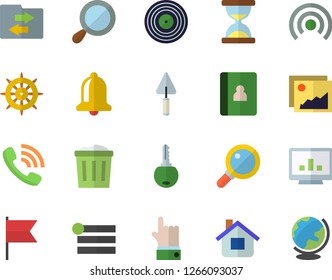 Color flat icon set trowel flat vector, house, phone call, computer chart, bell, gallery, menu, broadcast, file sharing, hourglass, steering wheel, magnifier, trash can, indicate, key, notebook