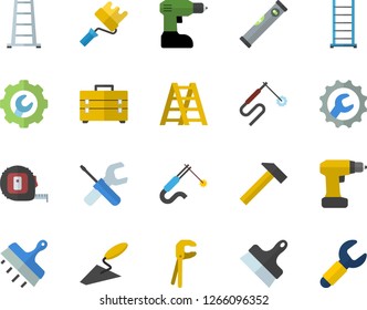 Color flat icon set trowel flat vector, tool, drill screwdriver, tape measure, bag, ladder, paint roller, level meter, repair, putty knife, hammer, welding, wrench