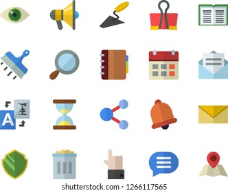 Color flat icon set trowel flat vector, putty knife, security fector, bell, share, translate, hourglass, calendar, binder clip, mouthpiece, magnifier, trash can, message, envelope, chat, indicate