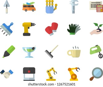 Color flat icon set trowel flat vector, drill screwdriver, calculator, putty knife, mixer, seedlings, rake, gloves, robotics, trammel, marker, coffee, agreement, robot hand, industrial, boxing