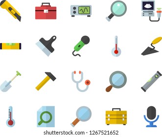 Color flat icon set trowel flat vector, tool bag, level meter, putty knife, stationery, hammer, temperature, thermometer, shovel, stethoscope, ultrasound, magnifier, oscilloscope, microphone