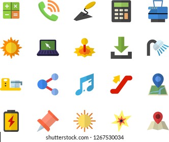 Color flat icon set trowel flat vector, shower, food processor, sun, battery, laser, phone call, calculator, copy machine, laptop, spark, pushpin, escalator fector, share, download, note, location