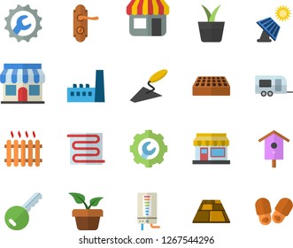 Color flat icon set trowel flat vector, door lock, repair, brick, flooring, warm floor, boiler, nesting box, home plant, grain warehouse, solar battery, manufactory, radiator, store front, key
